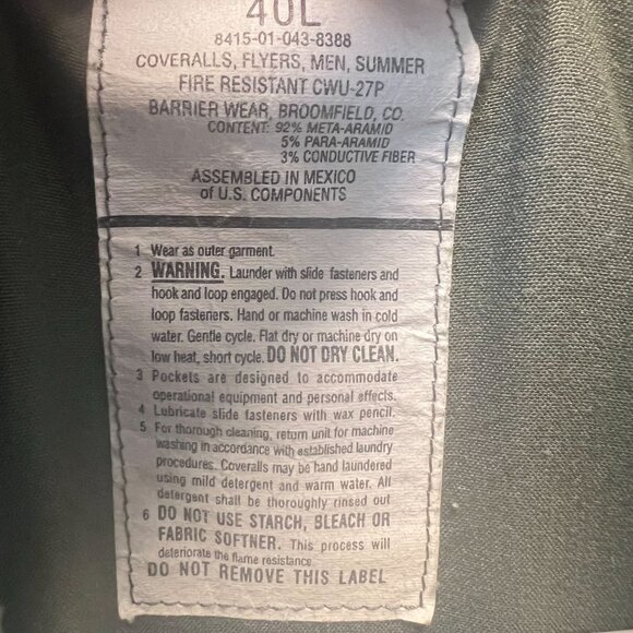 Barrier Wear CWU-27/P Summer Flyers Coveralls 40L Fire Resistant USAF Patches - Picture 3 of 7